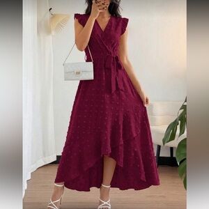 Elegant Burgundy High-Low Midi Dress with Tie Waist